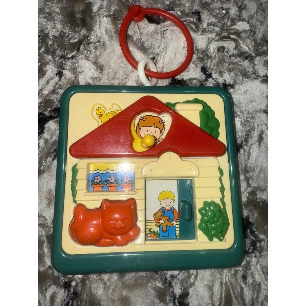 VINTAGE 1988 PLAYSKOOL Crib Activity Box House Cat Squeaky Slide Door Toy